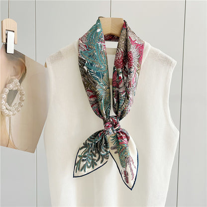 Foulard Carré Soie 100% Pure 90cm Neckerchief Femme - Châle Bandana Luxe Rose Vert