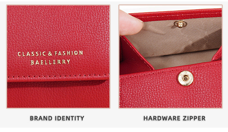 Portefeuille Femme Court Mini Cuir PU Noir - Porte-Carte Porte-Monnaie Multifonction Compact Rouge