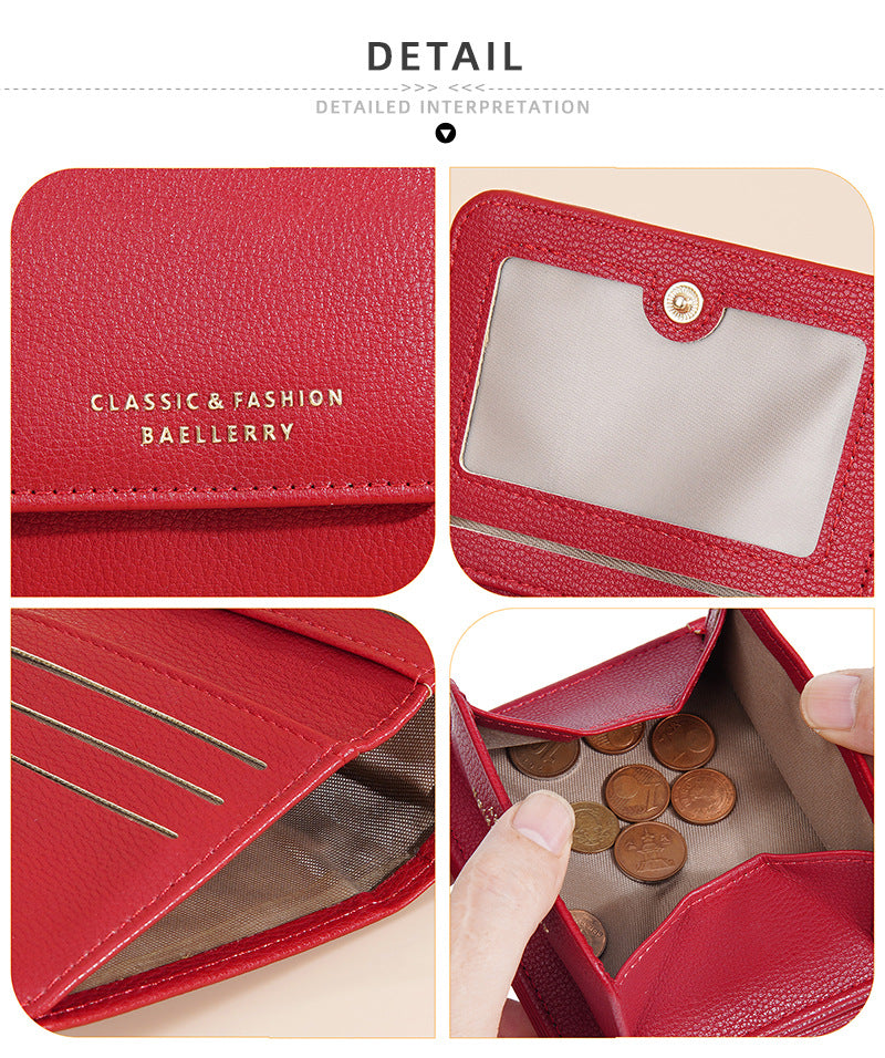 Portefeuille Femme Court Mini Cuir PU Noir - Porte-Carte Porte-Monnaie Multifonction Compact Rouge