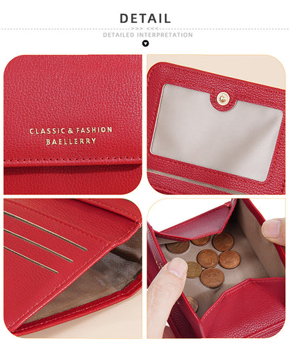 Portefeuille Femme Court Mini Cuir PU Noir - Porte-Carte Porte-Monnaie Multifonction Compact Rouge