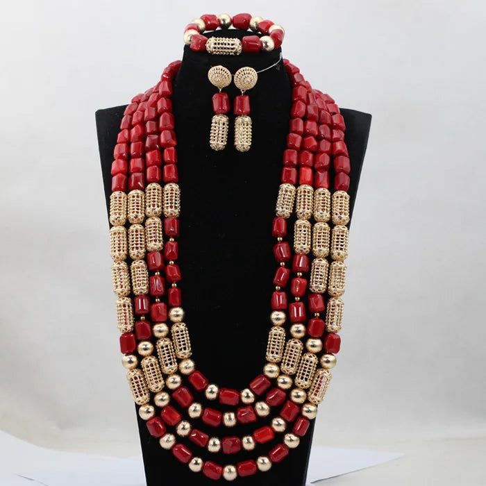 Parure Luxe Corail Nigérian 4 Couches – Ensemble Mariée Statement