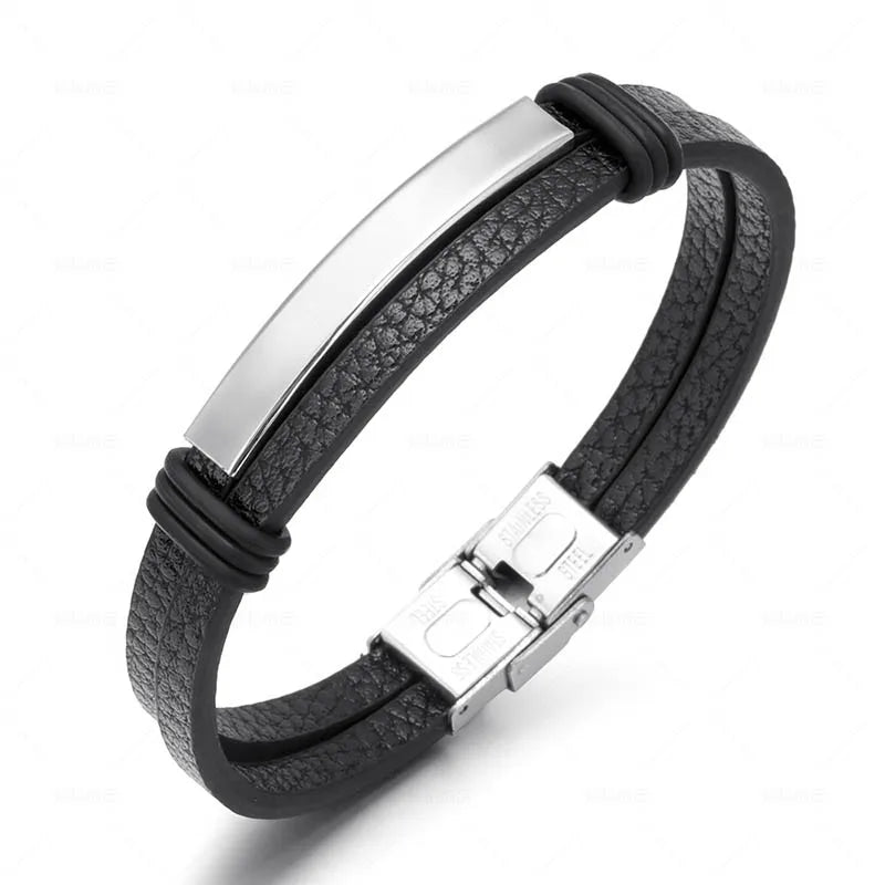 Bracelet Enroulé en Cuir pour Homme avec Charm en Acier Inoxydable