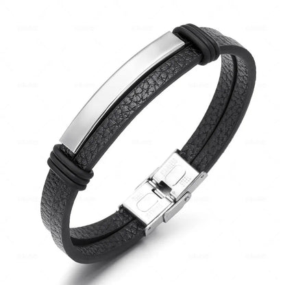 Bracelet Enroulé en Cuir pour Homme avec Charm en Acier Inoxydable