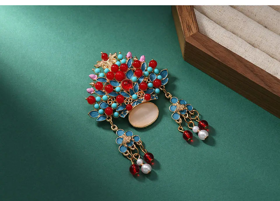 Broche Tiare Mariée Style Chinois - Ornement Luxe Pendants Couleurs Mixées
