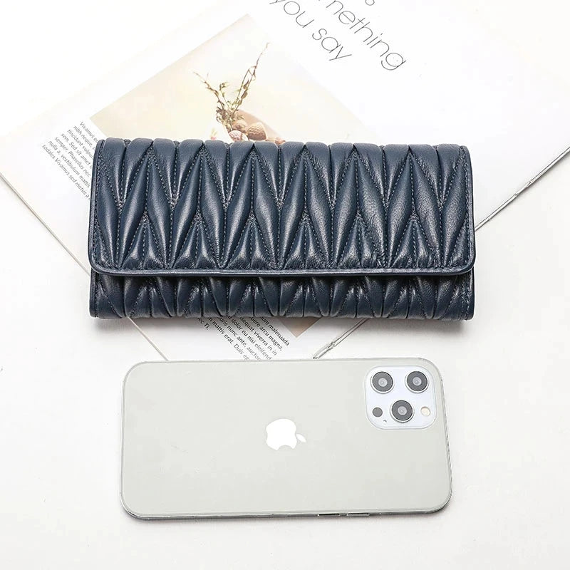 Portefeuille Femme Long Plissé Cuir Véritable - Pochette Zip Fermoir Multifonction