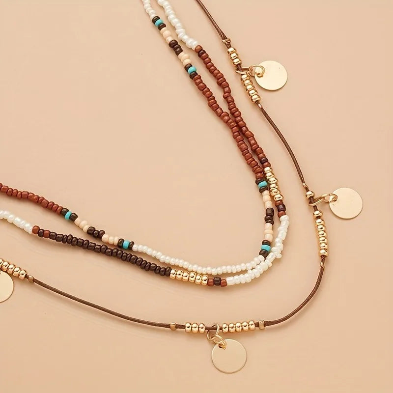 Collier Bohème Multicouche Perles – Pendentif Ethnique Rétro