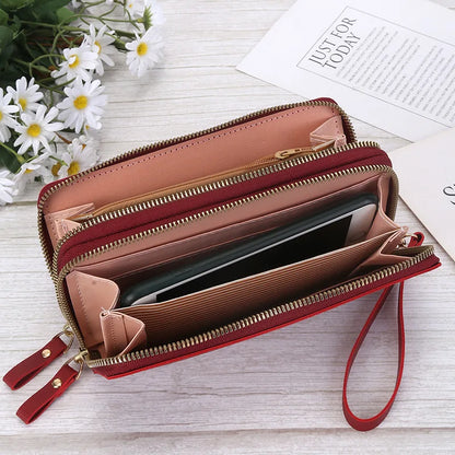 Portefeuille Femme Long Cuir PU Double Fermeture Éclair - Porte-Monnaie Téléphone Rouge