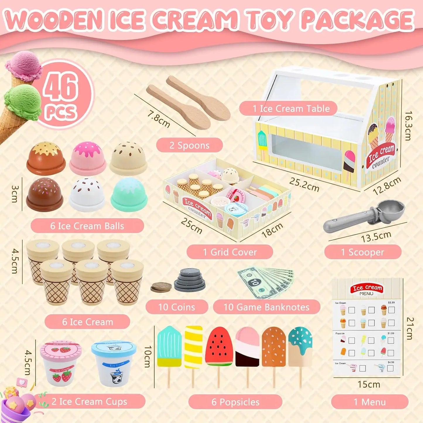 Comptoir de Crème Glacée en Bois - Jouet Montessori 40+ Pièces avec Monnaie pour Enfants 3-6 Ans