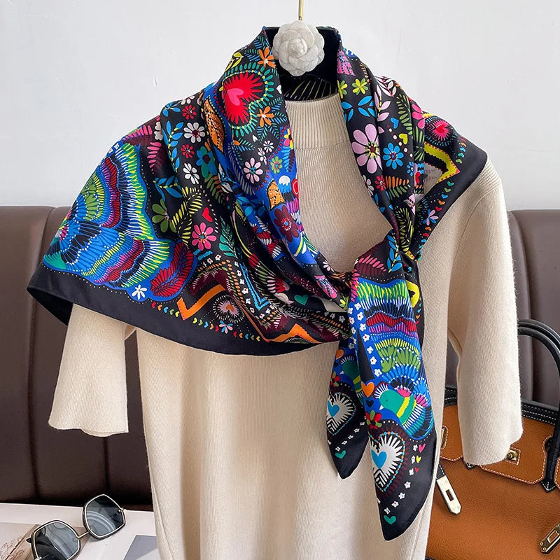 Foulard Carré Soie Twill Design Femme - Écharpe Hijab Bandana Châle Luxe Headband