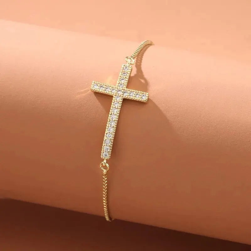 Bracelet Chaîne Cuivre Zircon Croix – Or & Argent Ajustable Unisexe Soirée
