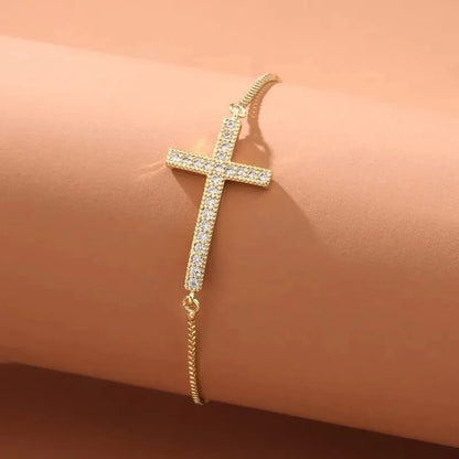 Bracelet Chaîne Cuivre Zircon Croix – Or & Argent Ajustable Unisexe Soirée