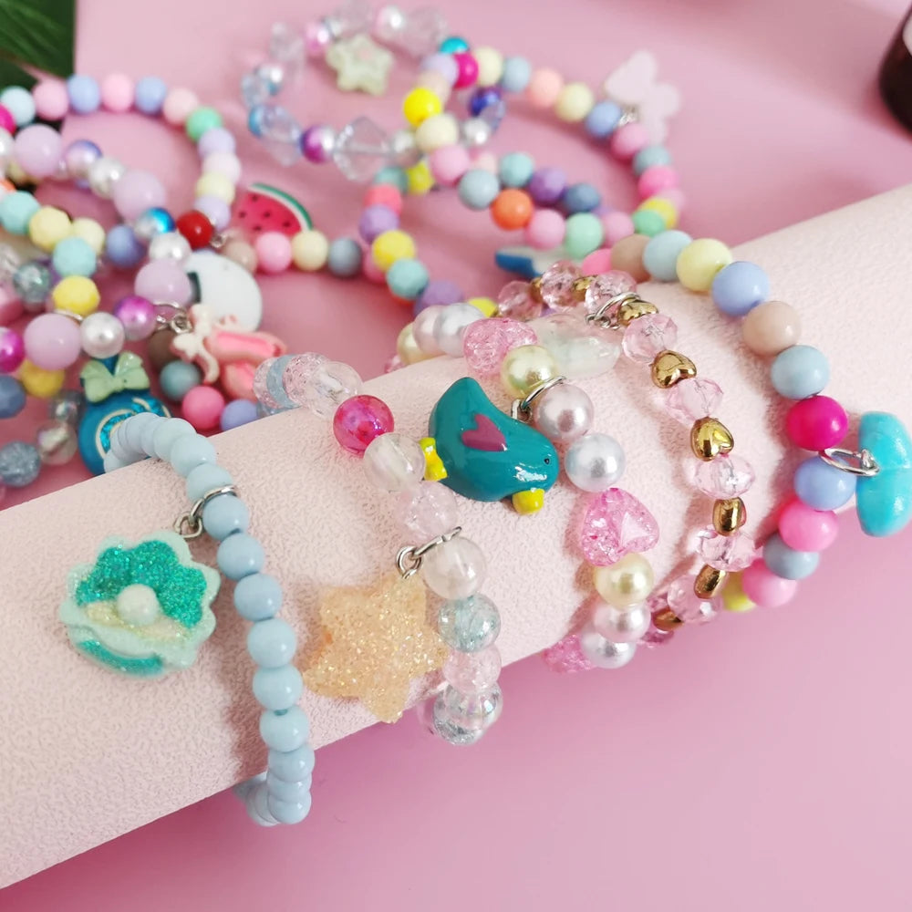Ensemble 5 Bracelets Perles Licorne Cartoon Cœur Étoile – Élastique Candy Coloré Filles
