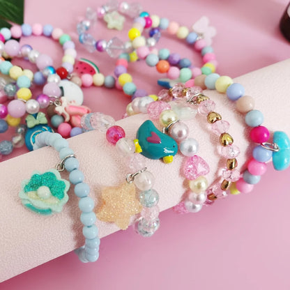 Ensemble 5 Bracelets Perles Licorne Cartoon Cœur Étoile – Élastique Candy Coloré Filles