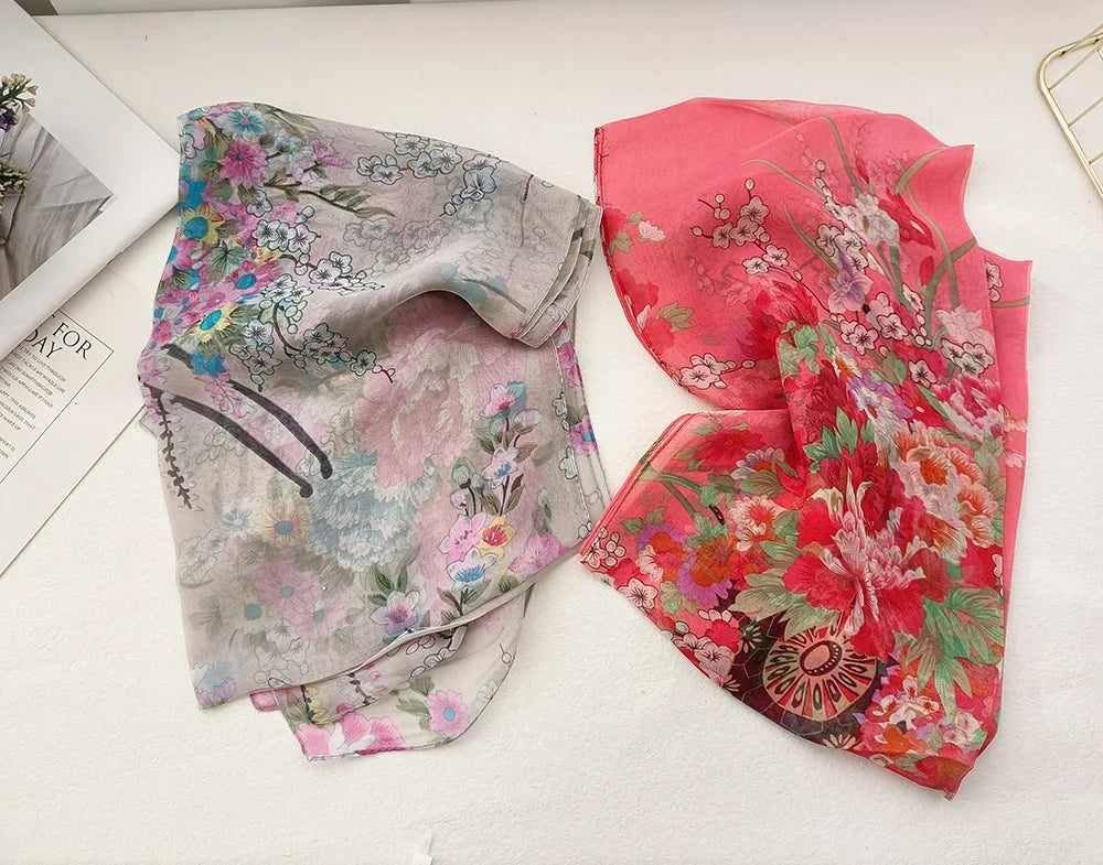 Foulard Écharpe Mousseline Georgette Femme Fleur Prune - Bandana Été Léger Respirant