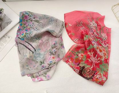 Foulard Écharpe Mousseline Georgette Femme Fleur Prune - Bandana Été Léger Respirant