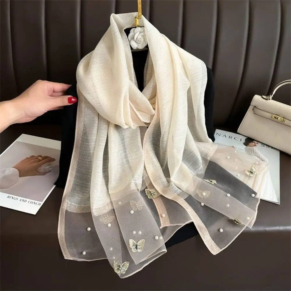 Foulard Soie Broderie Papillon Femme - Écharpe Châle Hijab Luxe Léger Élégant
