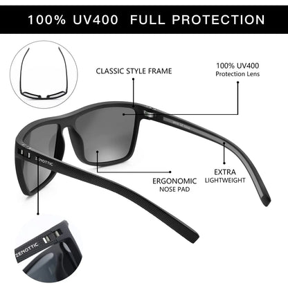 ZENOTTIC Lunettes de Soleil Polarisées Carrées — TR-90 Léger, UV400, Unisexe