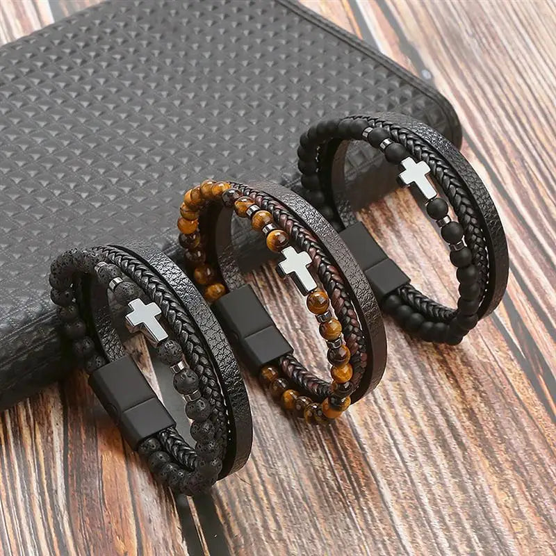 Bracelet Cuir Tressé Multicouche Punk – Boucle Magnétique Croix Homme
