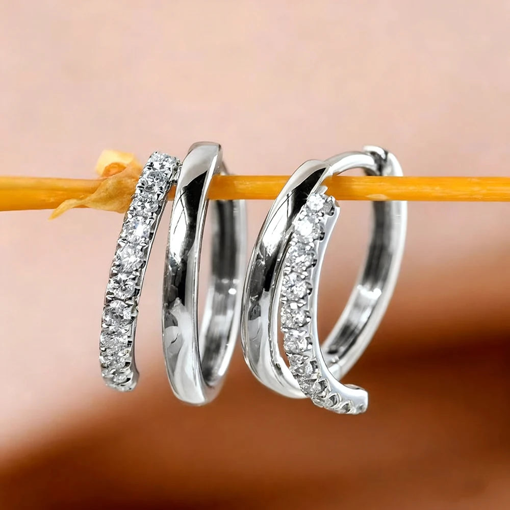 Boucles d'Oreilles Créoles Moissanite 2mm Argent 925 Plaqué Or 18K – Double Cercle Diamant Femme