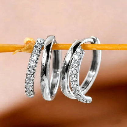 Boucles d'Oreilles Créoles Moissanite 2mm Argent 925 Plaqué Or 18K – Double Cercle Diamant Femme