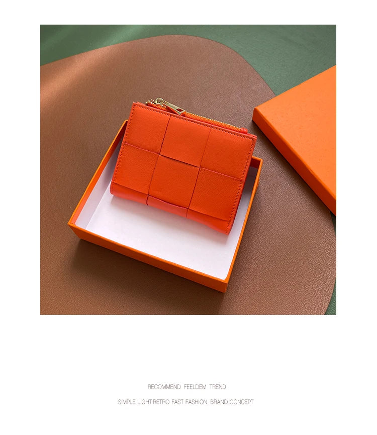 Portefeuille Femme Cuir Tressé - Porte-Monnaie Bifold Multi-Cartes Compact