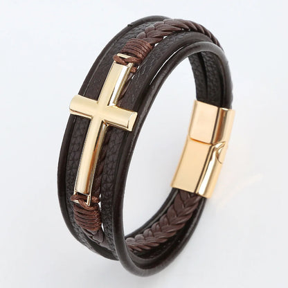 Bracelet Cuir Tressé Multicouche Punk – Boucle Magnétique Croix Homme
