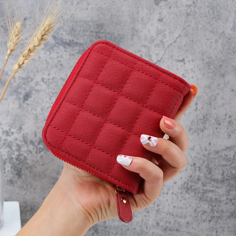 Portefeuille Court Femme Cuir PU à Carreaux - Petit Porte-Cartes Zip avec Porte-Monnaie