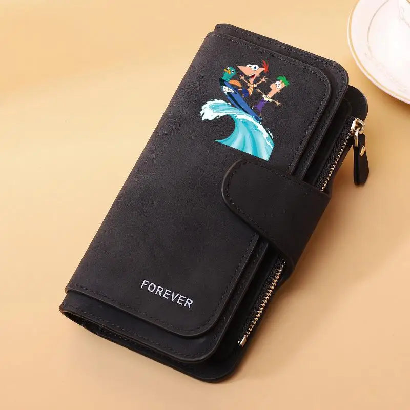Portefeuille Long Phineas et Ferb Cuir PU - 15 Porte-Cartes Zip pour Enfants