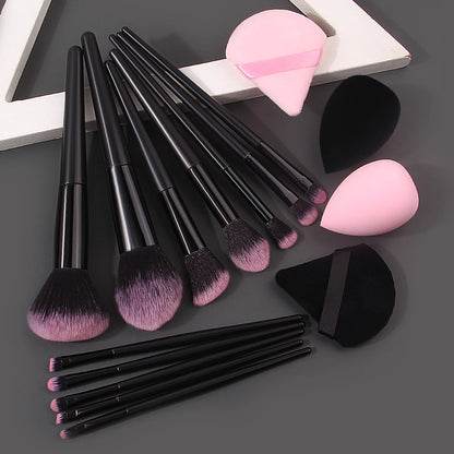 Set 12 Pinceaux Maquillage Doux + 4 Éponges Beauté Triangulaires - Kit Professionnel Portable Houppette Poudre