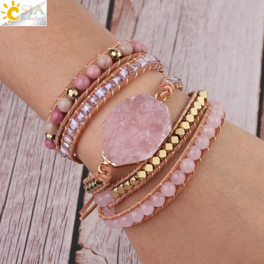 Bracelet Wrap Quartz Rose Cuir – Pierre Naturelle Bohème Multicouche