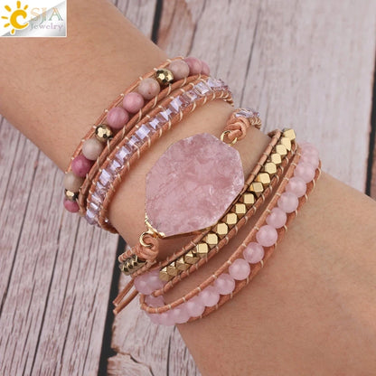 Bracelet Wrap Quartz Rose Cuir – Pierre Naturelle Bohème Multicouche