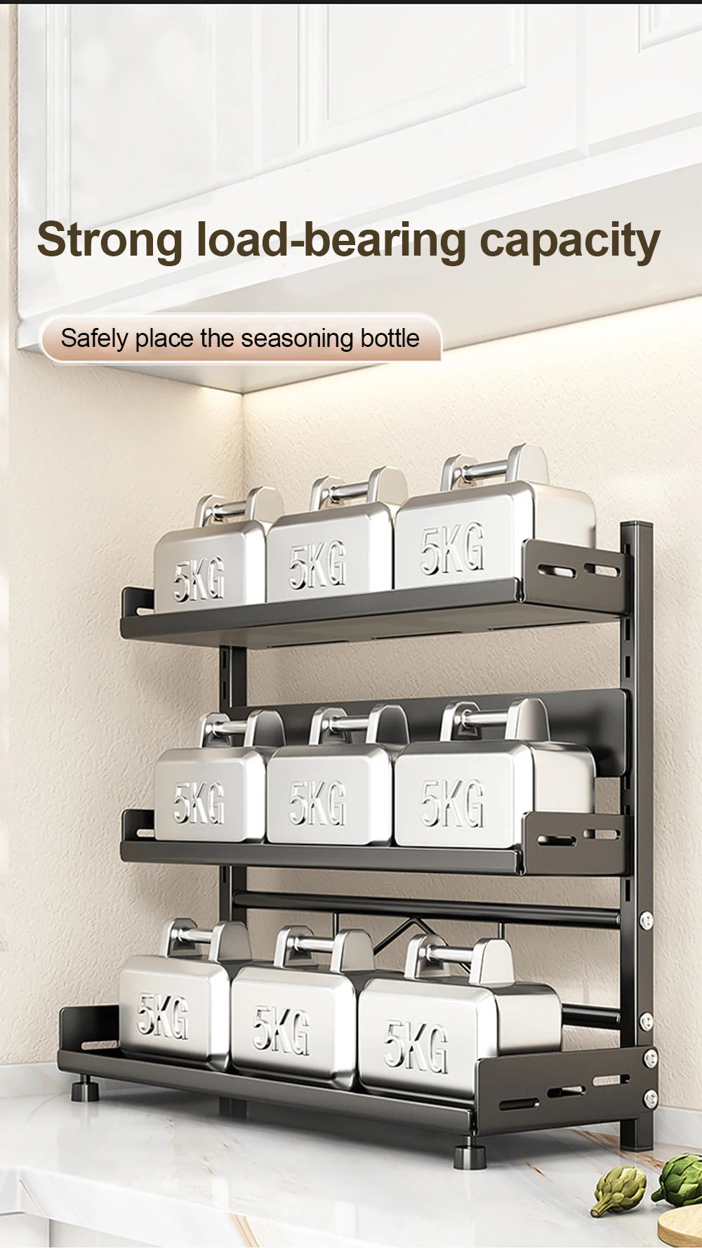 Porte-Épices 3 Niveaux en Métal avec Porte-Couteaux - Organisateur de Comptoir Ajustable Noir