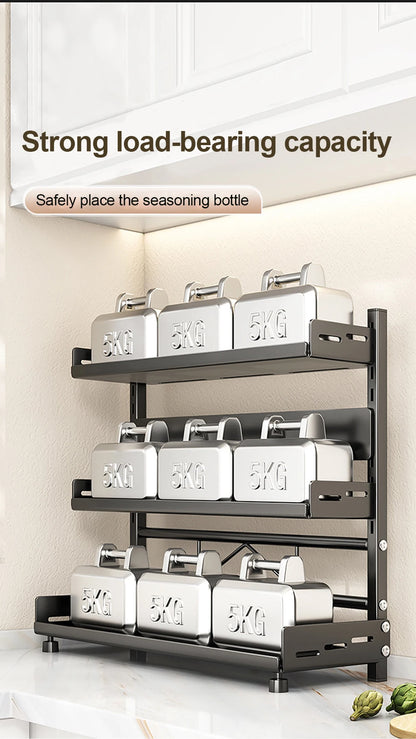 Porte-Épices 3 Niveaux en Métal avec Porte-Couteaux - Organisateur de Comptoir Ajustable Noir