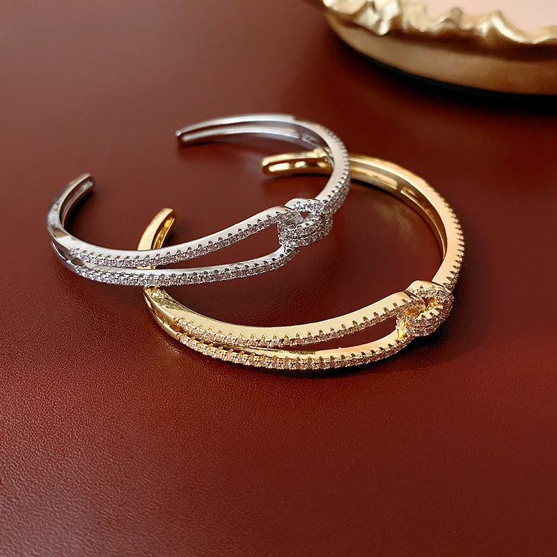 Bracelet Manchette Zircon Plein Cuivre Plaqué Or – Nœud Minimaliste Femme Mariage Soirée