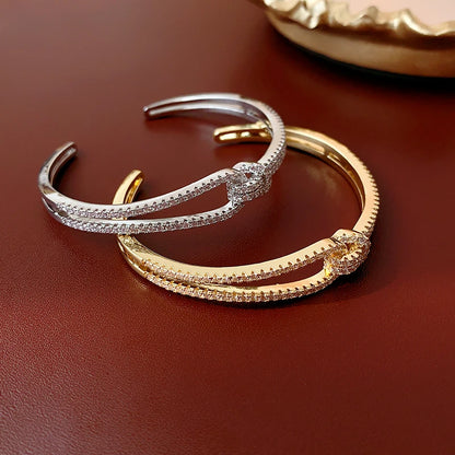 Bracelet Manchette Zircon Plein Cuivre Plaqué Or – Nœud Minimaliste Femme Mariage Soirée