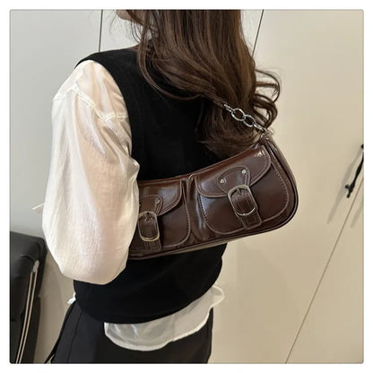 Sac Épaule Femme Cuir PU Y2K Vintage - Petit Sac Aisselle Double Poche Design Fashion Clutch Purse