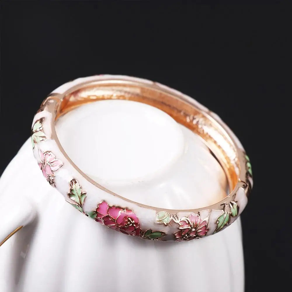 Bracelet Jonc Cloisonné Émaillé Pivoine – Artisanat Ethnique Classique
