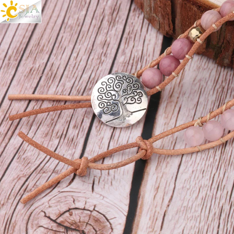 Bracelet Wrap Quartz Rose Cuir – Pierre Naturelle Bohème Multicouche