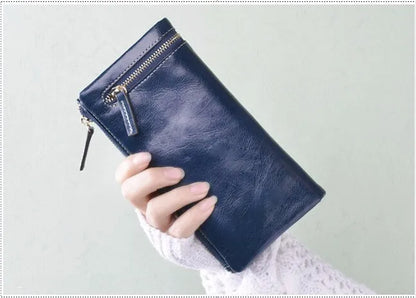 Portefeuille Femme Cuir Véritable Long - Porte-Monnaie Luxe Huile Végétale Casual