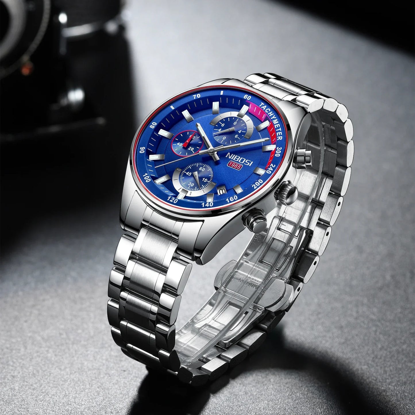 Montre Homme Luxe NIBOSI Chronographe Étanche 50M - Quartz Bleue Sport Élégante 2026