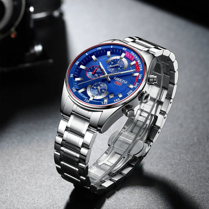 Montre Homme Luxe NIBOSI Chronographe Étanche 50M - Quartz Bleue Sport Élégante 2026