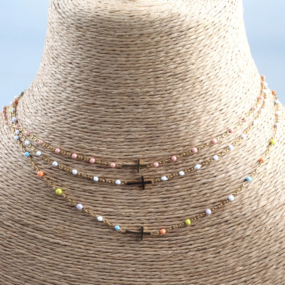 Collier Choker Bohème Croix Émaillé – Acier Inoxydable Plaqué Or Femme