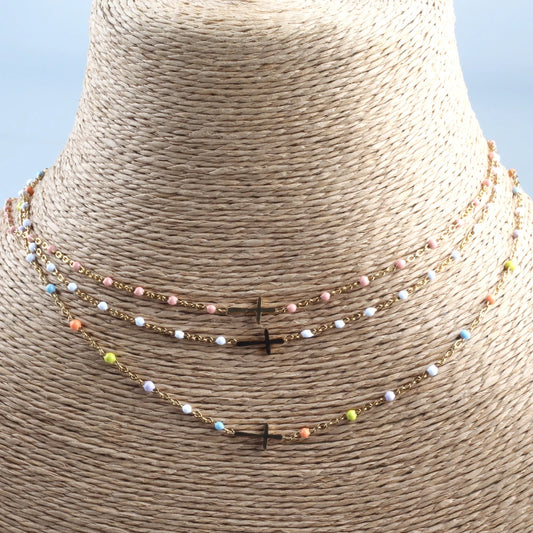 Collier Choker Bohème Croix Émaillé – Acier Inoxydable Plaqué Or Femme
