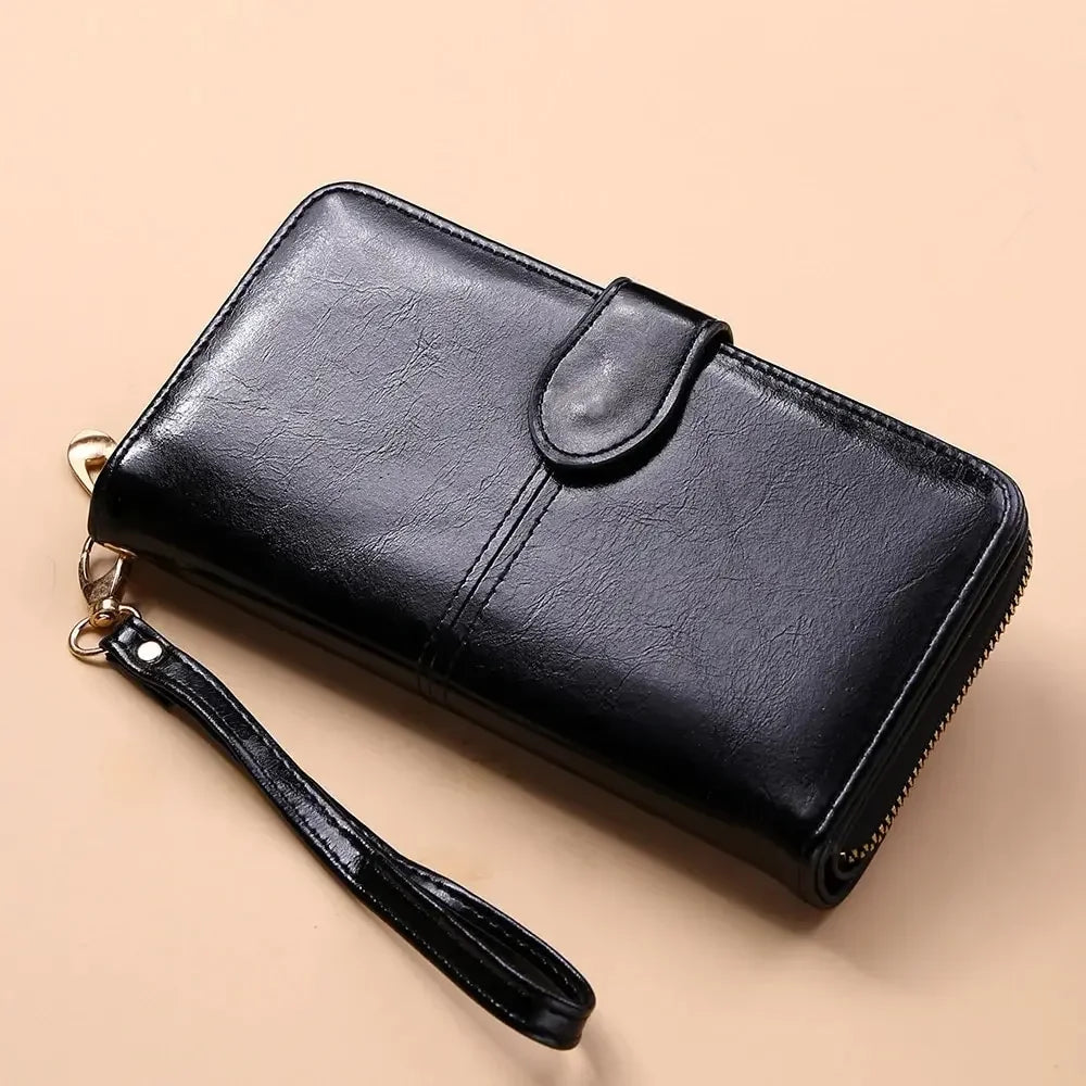 Portefeuille Clutch Femme Cuir PU Vintage - Grande Capacité Téléphone Bracelet Porte-Cartes Rouge Vin