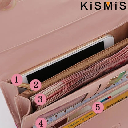 Portefeuille Femme Long Cuir PU Carreaux Rose - Porte-Carte Téléphone Hasp Poche Monnaie Élégant