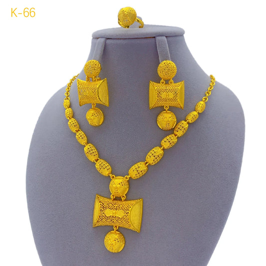 24k Gold Plated Indian/Ethiopian Bridal Jewelry Set - Necklace, Earrings, Ring and Bracelet