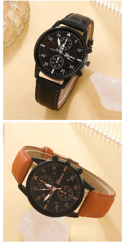 SHAARMS Montre Quartz Homme — Bracelet Cuir, Cadran Rond, Coffret Cadeau