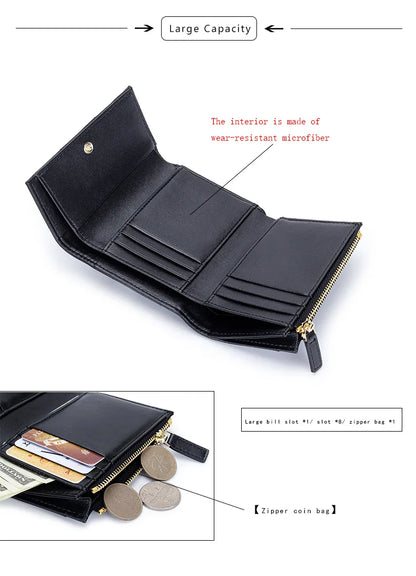 Portefeuille Femme Court Cuir Véritable Peau Mouton Tressé - Porte-Monnaie Trifold Zippé Grande Capacité Noir