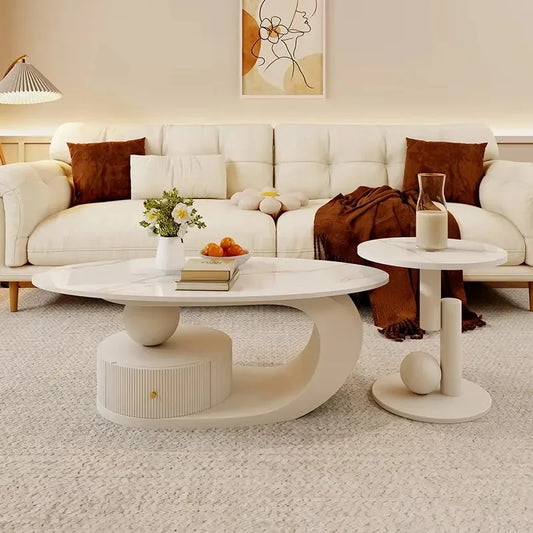 Table Basse Luxe Ovale avec Rangement - Design Nordique Moderne 100×50×42cm