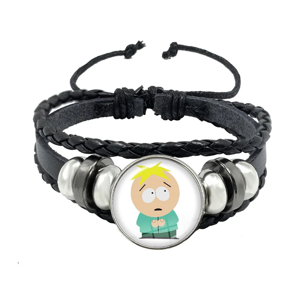 Bracelet South Park Cabochon Verre – Cuir Multicouche Tressé Fait Main Unisexe